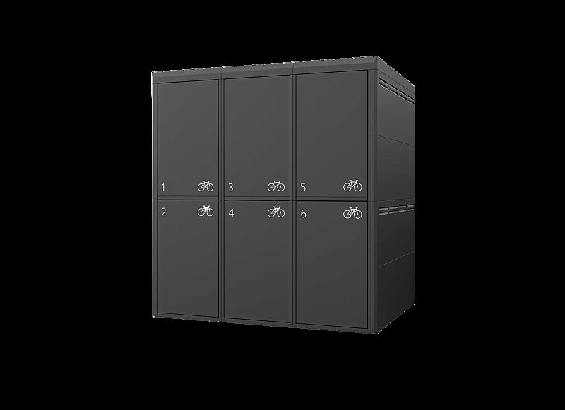 Fahrradgarage FULLERTON-E für 6 Fahrräder, doppelstöckig, für Zugangs- und Buchungssystem SmartBikeBox®, Höhe x Breite x Tiefe 2885 mm x 2738 mm x 2100 mm, Stahlkonstruktion in RAL 7016 anthrazitgrau, Beschriftung gegen Mehrpreis