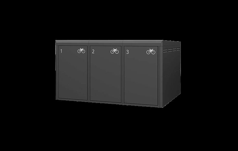 Fahrradgarage FULLERTON-E für 3 Fahrräder, einstöckig, für Zugangs- und Buchungssystem SmartBikeBox®, Höhe x Breite x Tiefe 1510 mm x 2738 mm x 2100 mm, Stahlkonstruktion in RAL 7016 anthrazitgrau, Beschriftung gegen Mehrpreis