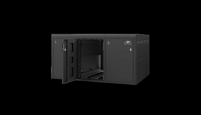 Fahrradgarage FULLERTON-KEY XL für 3 Fahrräder, einstöckig, Höhe x Breite x Tiefe 1510 mm x 2912 mm x 2100 mm, Stahlkonstruktion in RAL 7016 anthrazitgrau, Beschriftung gegen Mehrpreis 