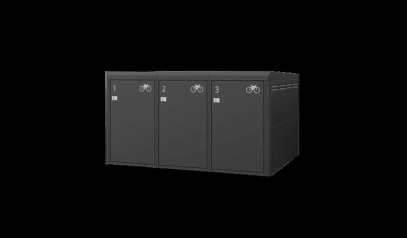 Fahrradgarage FULLERTON-PIN für 3 Fahrräder, einstöckig, Höhe x Breite x Tiefe 1510 mm x 2738 mm x 2100 mm, Stahlkonstruktion in RAL 7016 anthrazitgrau, Beschriftung gegen Mehrpreis Fahrradgarage FULLERTON-PIN für 3 Fahrräder, einstöckig, Höhe x Breite...