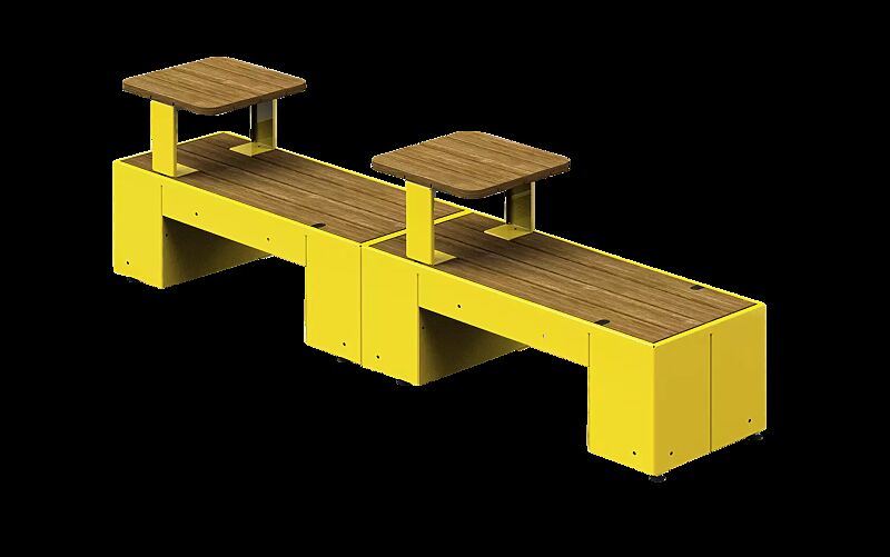 Sitzinsel TASKU, 2 Sitzbänke sowie 2 Tische, in RAL 1021 rapsgelb