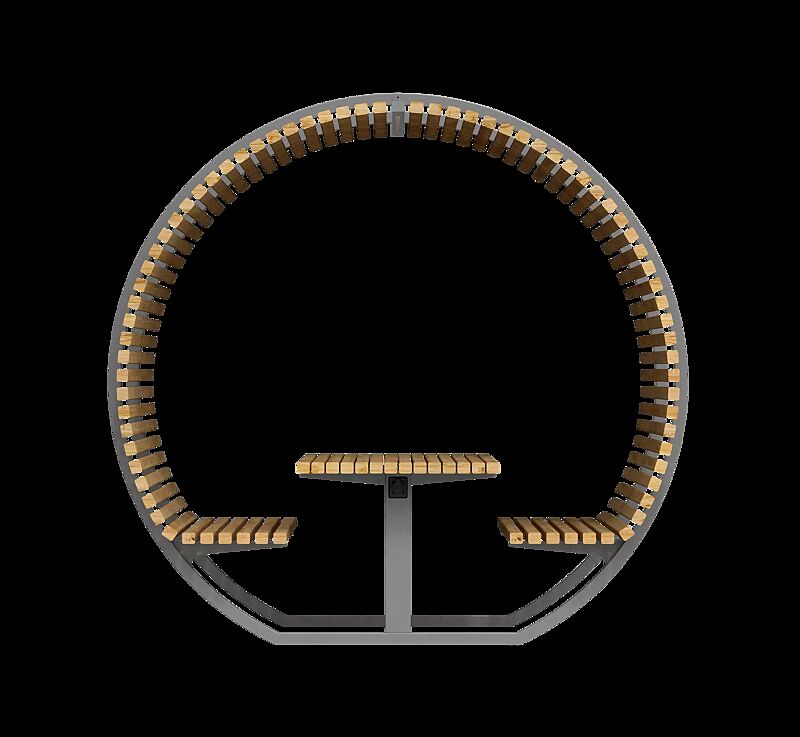 Freizeitüberdachung CISON CONTEA mit Tisch und Sitzbänken, kreisförmig, mit Kiefernholzbelattung, Stahlteile in RAL 7012 basaltgrau
