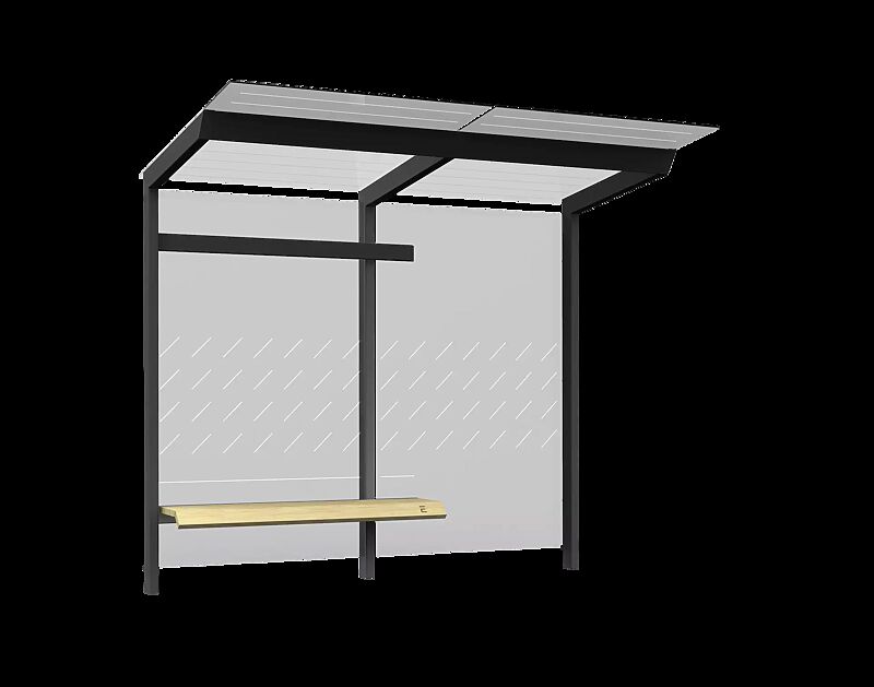 Wartehalle TRAXO, Dachbreite x Dachtiefe 2800 mm x 1740 mm, inkl. Rückwand ESG, Klarglas, mit Siebdruckdekor, Sitzbank davorstehend links, Stahlkonstruktion in RAL 7016 anthrazitgrau