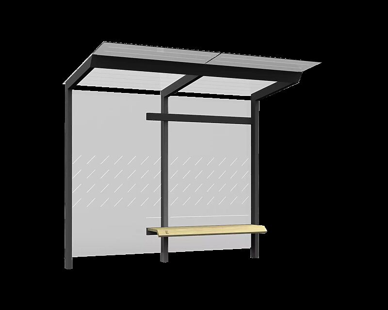 Wartehalle TRAXO, Dachbreite x Dachtiefe 2800 mm x 1740 mm, inkl. Rückwand ESG, Klarglas, mit Siebdruckdekor, Sitzbank davorstehend rechts, Stahlkonstruktion in RAL 7016 anthrazitgrau