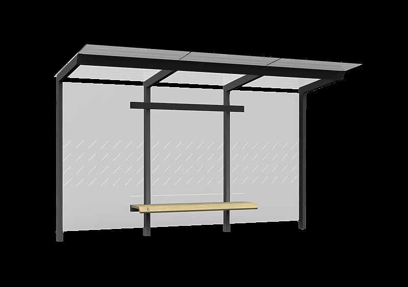 Wartehalle TRAXO, Dachbreite x Dachtiefe 4170 mm x 1740 mm, inkl. Rückwand ESG, Klarglas, mit Siebdruckdekor, Sitzbank mittig, Stahlkonstruktion in RAL 7016 anthrazitgrau