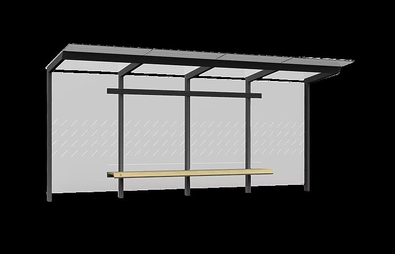Wartehalle TRAXO, Dachbreite x Dachtiefe 5560 mm x 1740 mm, inkl. Rückwand ESG, Klarglas, mit Siebdruckdekor, Sitzbank mittig, Stahlkonstruktion in RAL 7016 anthrazitgrau