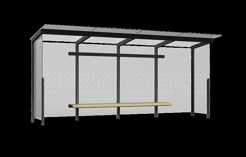 Wartehalle TRAXO, Dachbreite x Dachtiefe 5560 mm x 1740 mm, inkl. Rück- / Seitewände ESG, Klarglas, mit Siebdruckdekor, Sitzbank mittig, Stahlkonstruktion in RAL 7016 anthrazitgrau