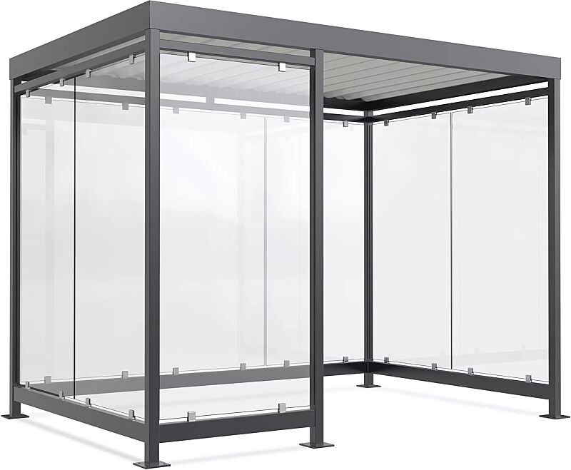 Raucherunterstand AQUILA, Dachbreite x Dachtiefe 3180 mm x 2165 mm, zum Aufdübeln bei +/- 0 mm, mit Rück- / Seitenwänden sowie Windschutzwand links, Stahlkonstruktion in RAL 7016 anthrazitgrau