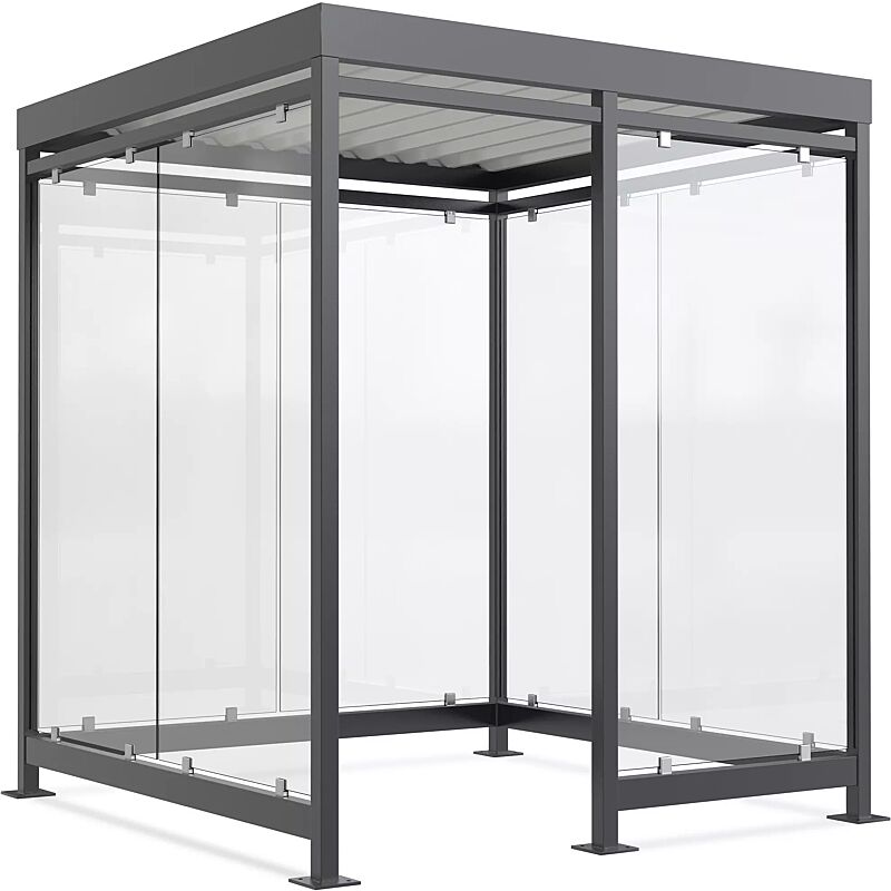 Raucherunterstand AQUILA, Dachbreite x Dachtiefe 2165 mm x 2165 mm, zum Aufdübeln bei +/- 0 mm, mit Rück- / Seitenwänden sowie Windschutzwand rechts, Stahlkonstruktion in RAL 7016 anthrazitgrau