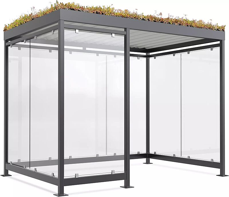 Raucherunterstand AQUILA GREEN, Dachbreite x Dachtiefe 3180 mm x 2165 mm, zum Aufdübeln bei +/- 0 mm, mit Rück- / Seitenwänden sowie Windschutzwand links, Stahlkonstruktion in RAL 7016 anthrazitgrau