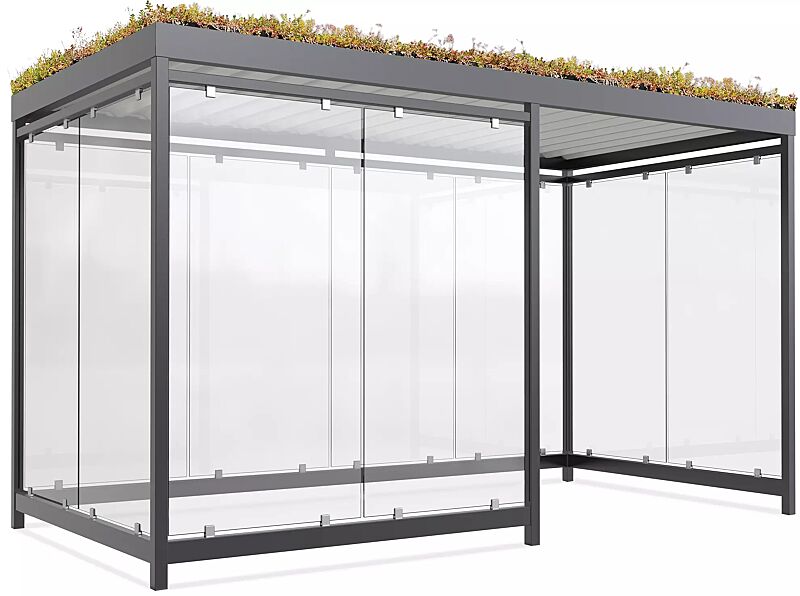 Raucherunterstand AQUILA GREEN, Dachbreite x Dachtiefe 4195 mm x 2165 mm, zum Aufdübeln bei -200 mm, mit Rück-, Seiten- / 2 Windschutzwänden links, Stahlkonstruktion in RAL 7016 anthrazitgrau