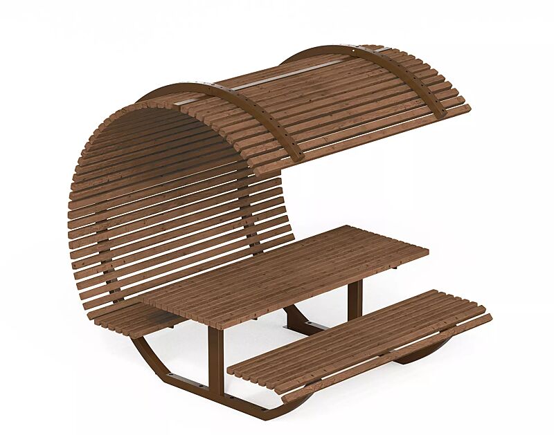 Freizeitüberdachung CISON CONTEA mit Tisch und Sitzbänken, halbkreisförmig, mit Sapeliholzbelattung, Stahlteile in corten