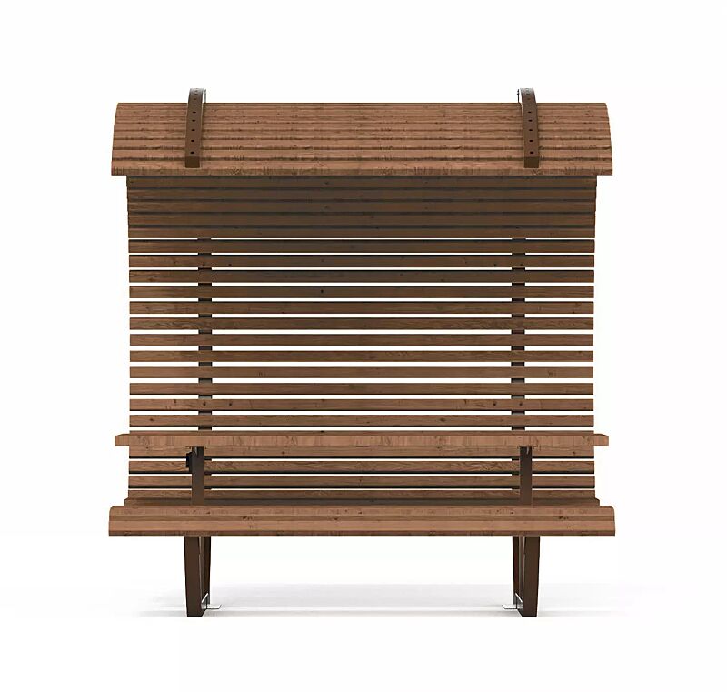 Freizeitüberdachung CISON CONTEA mit Tisch und Sitzbänken, halbkreisförmig, mit Sapeliholzbelattung, Stahlteile in corten