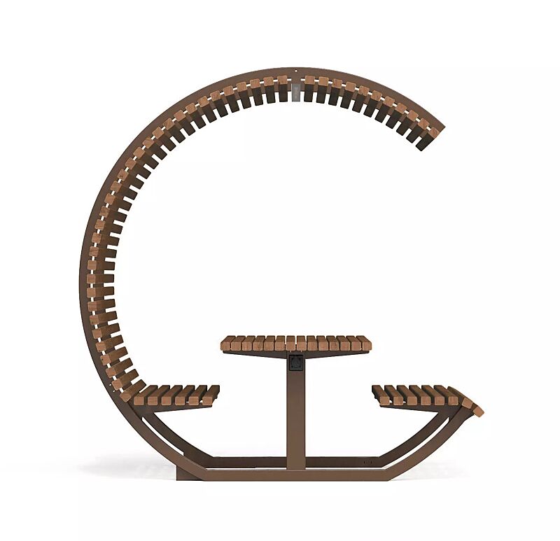 Freizeitüberdachung CISON CONTEA mit Tisch und Sitzbänken, halbkreisförmig, mit Sapeliholzbelattung, Stahlteile corten