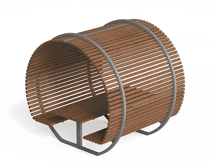 Freizeitüberdachung CISON CONTEA mit Tisch und Sitzbänken, kreisförmig, mit Sapeliholzbelattung, Stahlteile in RAL 7012 basaltgrau