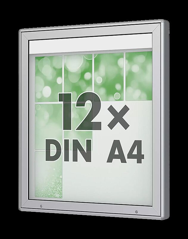 Schaukasten DERINEA zur Wandbefestigung, Ecken gerundet, Bautiefe 80 mm, für 12 x DIN A4, Alu silber