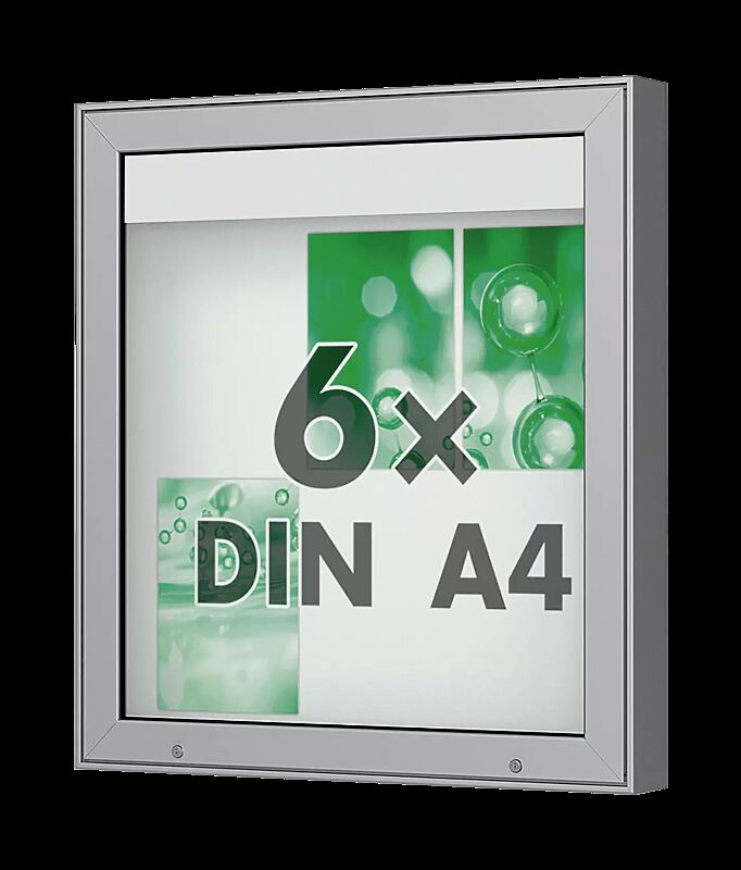 Schaukasten DERINEA zur Wandbefestigung, Ecken spitz, Bautiefe 100 mm, für 6 x DIN A4, Alu silber