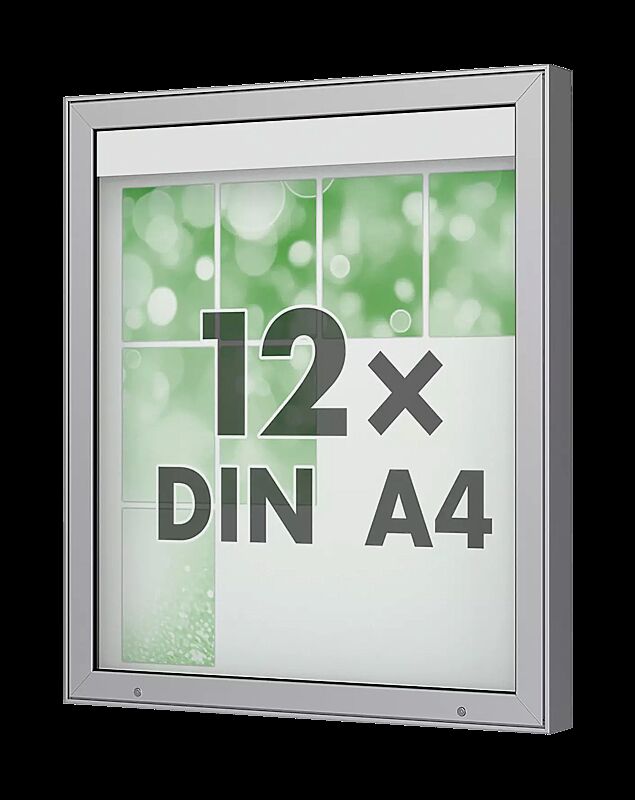 Schaukasten DERINEA zur Wandbefestigung, Ecken spitz, Bautiefe 100 mm, für 12 x DIN A4, Alu silber