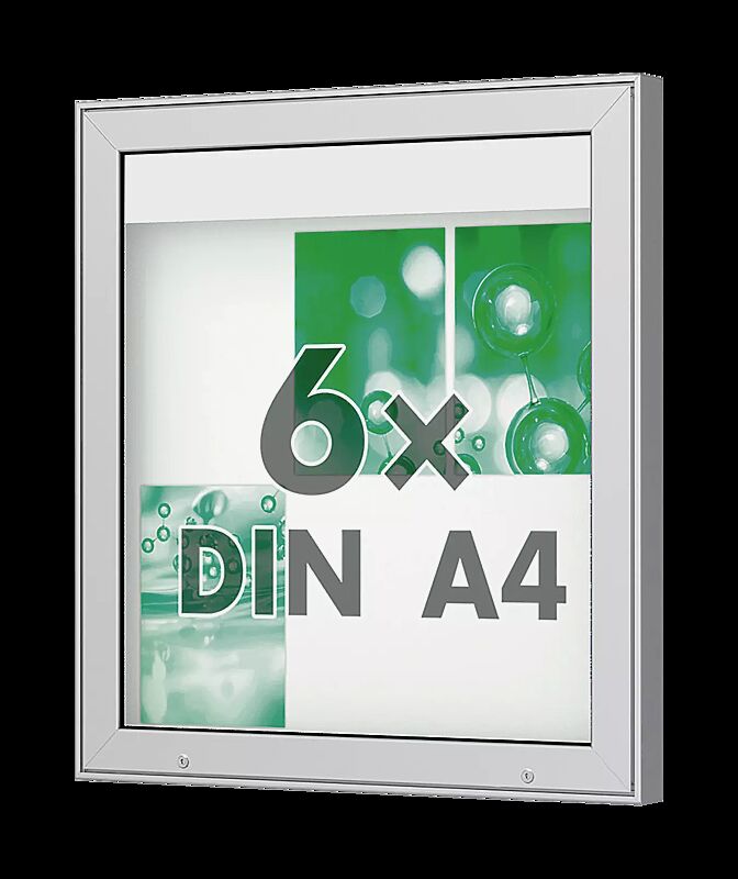 Schaukasten DERINEA zur Wandbefestigung, Ecken spitz, Bautiefe 65 mm, für 6 x DIN A4, Alu silber