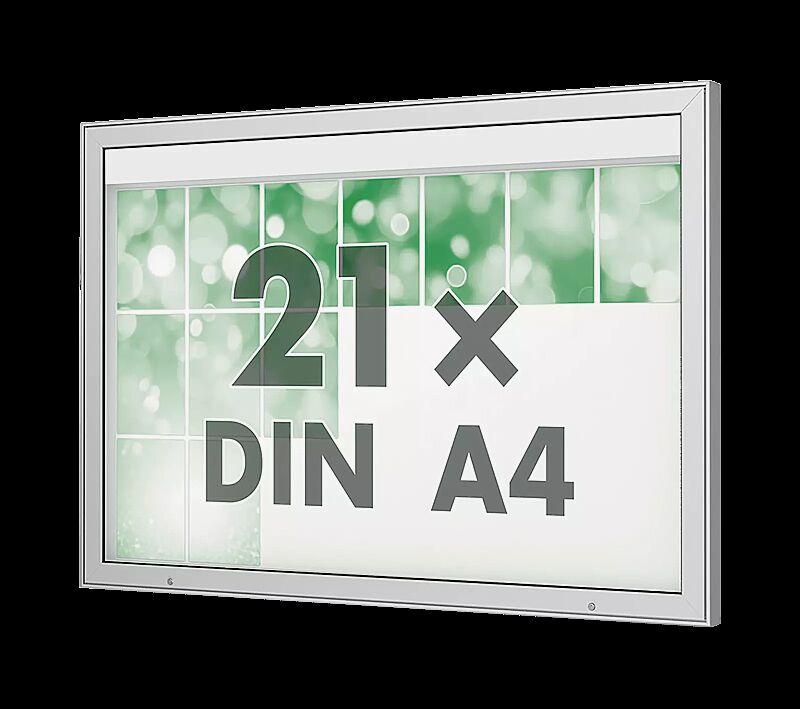 Schaukasten DERINEA zur Wandbefestigung, Ecken spitz, Bautiefe 65 mm, für 21 x DIN A4, Alu silber