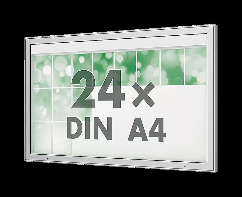 Schaukasten DERINEA zur Wandbefestigung, Ecken spitz, Bautiefe 65 mm, für 24 x DIN A4, Alu silber