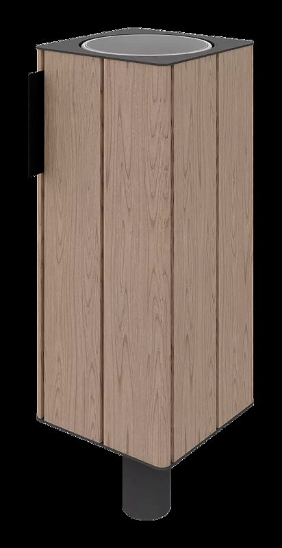 Abfallbehälter EGER ohne Mülltrennung, Korpus: Eschenholzbelattung, mit zentralem Standfuß zum Aufdübeln bei -100 mm, Stahlteile in RAL 7016 anthrazitgrau