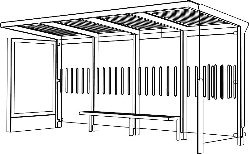 Wartehalle AUREO, Dachbreite x Dachtiefe 5580 mm x 1855 mm, einseitig, mit Seitenwänden, mit Werbevitrine C-LIGHT