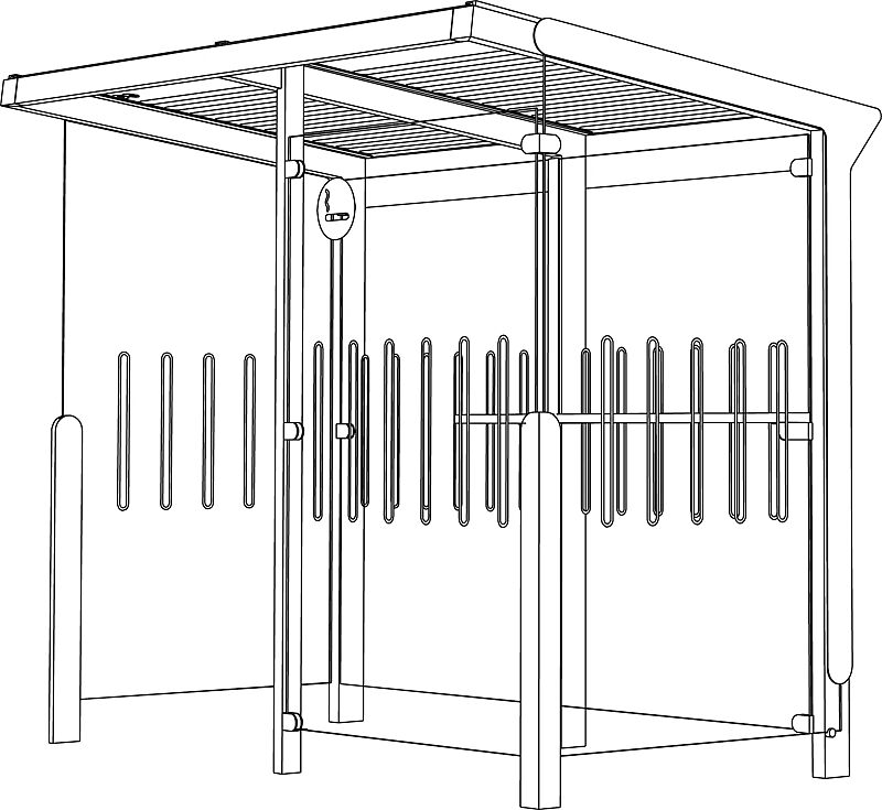 Raucherunterstand AUREO, Dachbreite x Dachtiefe 2860 x 1855 mm, mit Rück-, Seiten- und Windschutzwänden ESG, Klarglas mit Siebdruckdekor und Ablageboard, Dach mit Siebdruckstreifen