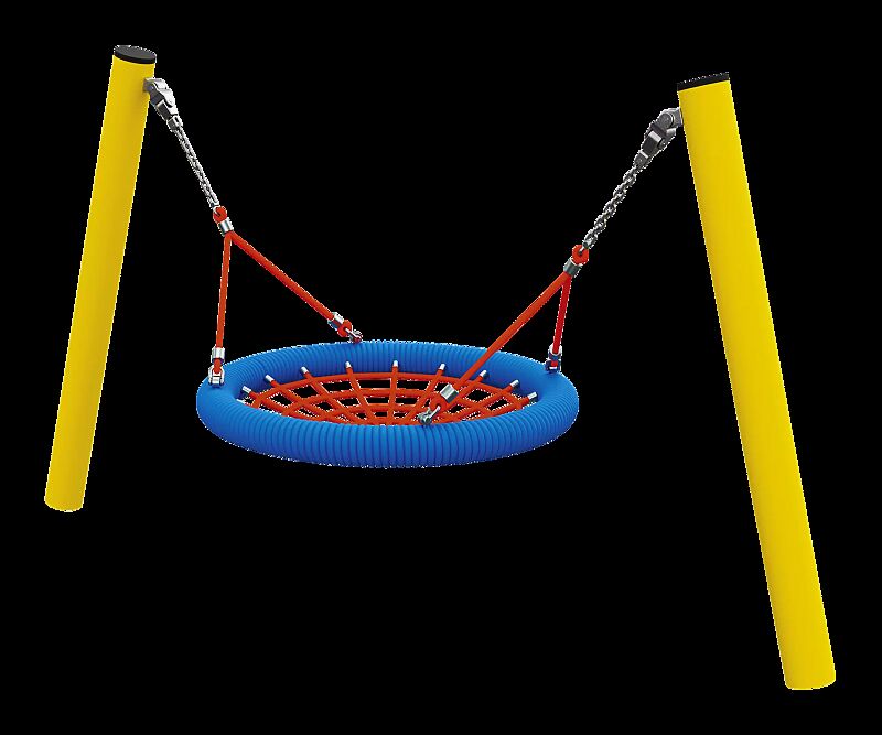 Kleinkind-Nestschaukel AGNES, Sitzfläche und Aufhängung in rot ähnlich RAL 3020 verkehrsrot, Außenring in blau ähnlich RAL 5015 himmelblau und sowie Stahlpfosten standardmäßig in sonnengelb ähnlich RAL 1023 verkehrsgelb