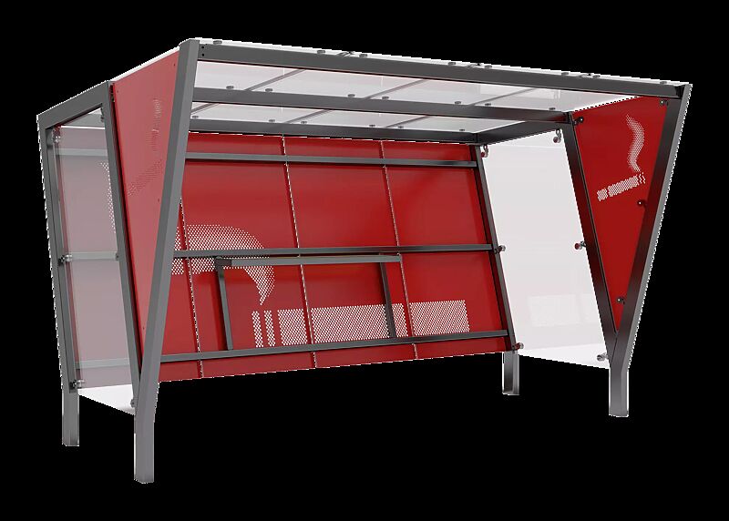 Raucherunterstand TAURI, Dachbreite x Dachtiefe 3940 mm x 2500 mm, einseitig, Dacheindeckung VSG, Rückwand perforiertes Stahlblech, Seitenwand ESG, Klarglas bzw. perforiertem Stahlblech, Stahlkonstruktion in RAL 9006 weißaluminium