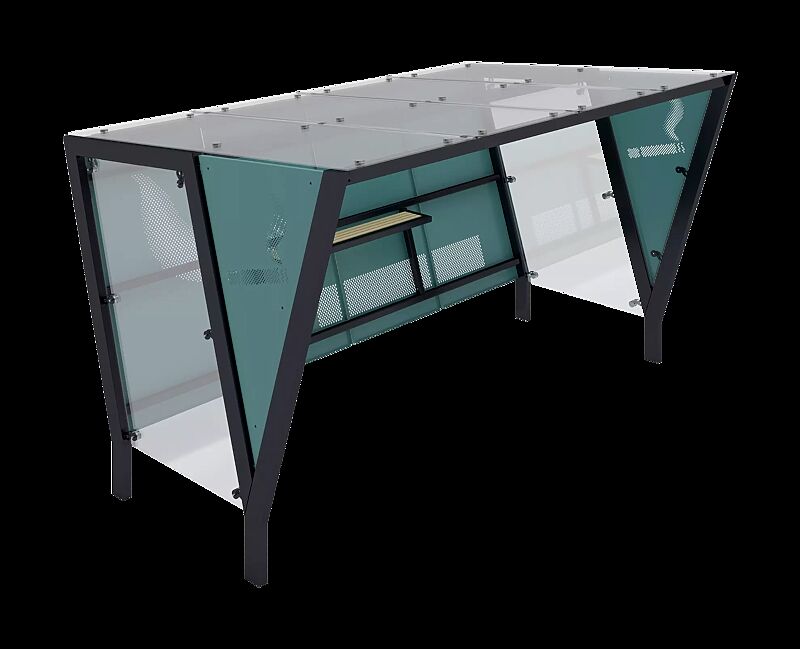 Raucherunterstand TAURI, Dachbreite x Dachtiefe 3940 mm x 2500 mm, einseitig, Dacheindeckung VSG, Rückwand perforiertes Stahlblech, Seitenwand ESG, Klarglas bzw. perforiertem Stahlblech, Stahlkonstruktion in RAL 7016 anthrazitgrau