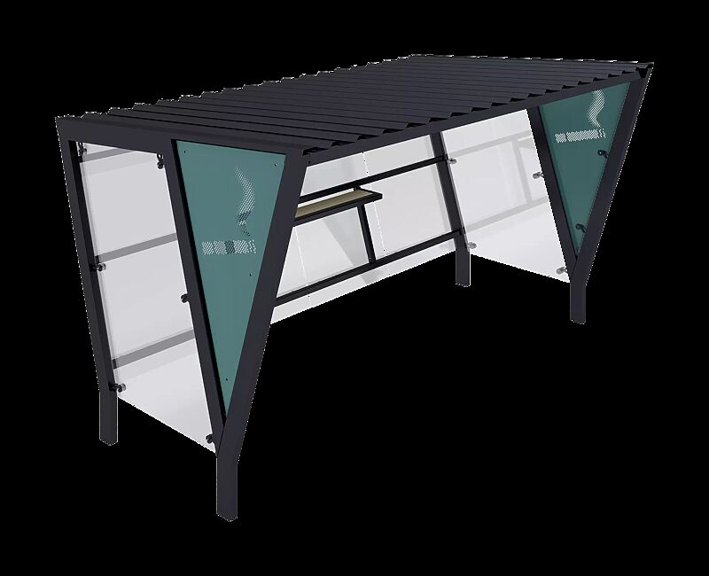 Raucherunterstand TAURI, Dachbreite x Dachtiefe 3940 mm x 2500 mm, einseitig, Dacheindeckung Trapezblech, Rückwand ESG, Klarglas, Seitenwand ESG, Klarglas bzw. perforiertem Stahlblech, Stahlkonstruktion in RAL 7016 anthrazitgrau