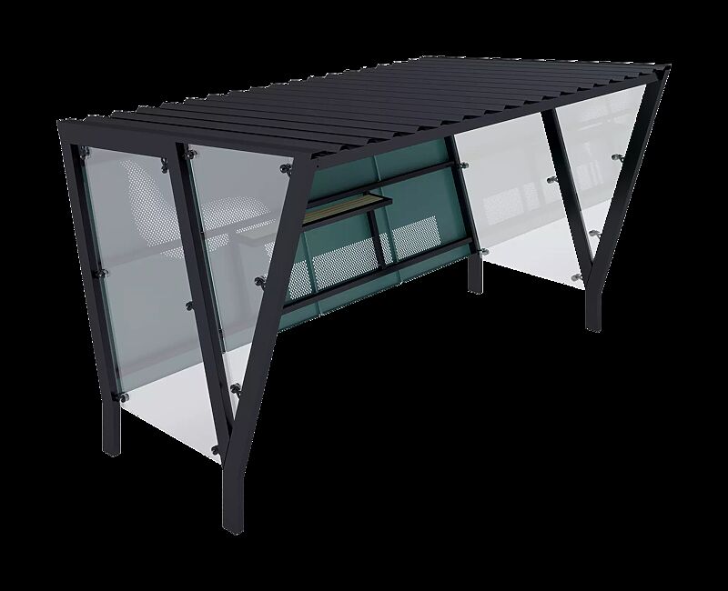 Raucherunterstand TAURI, Dachbreite x Dachtiefe 3940 mm x 2500 mm, einseitig, Dacheindeckung Trapezblech, Rückwand perforiertes Stahlblech, Seitenwand ESG, Klarglas, Stahlkonstruktion in RAL 7016 anthrazitgrau