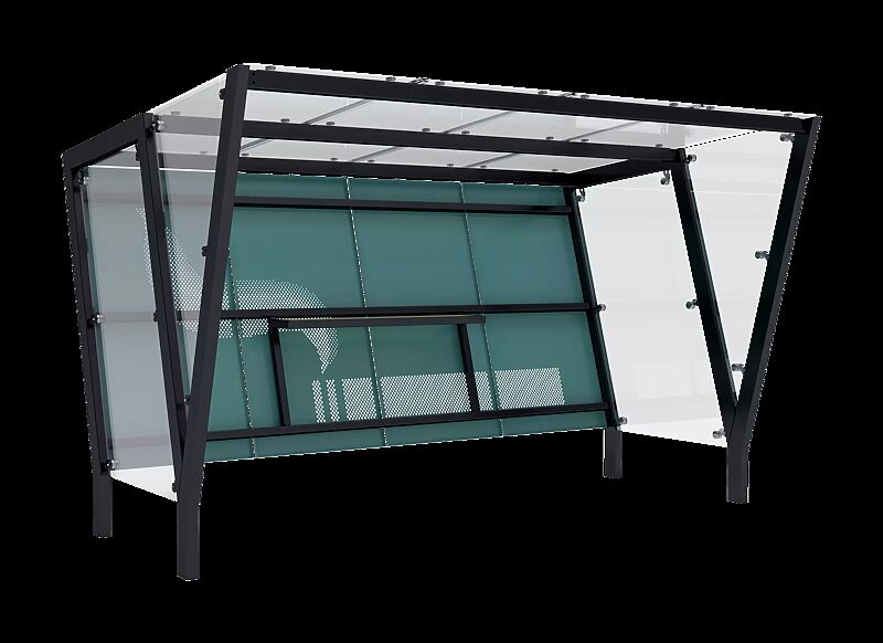 Raucherunterstand TAURI, Dachbreite x Dachtiefe 3940 mm x 2500 mm, einseitig, Dacheindeckung VSG, Rückwand perforiertes Stahlblech, Seitenwand ESG, Klarglas, Stahlkonstruktion in RAL 7016 anthrazitgrau