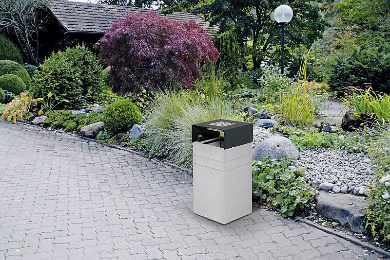 Abfallbehälter BRNO mit Ascher, mit Schutzdach in RAL 7021 schwarzgrau, Beton sandgestrahlt