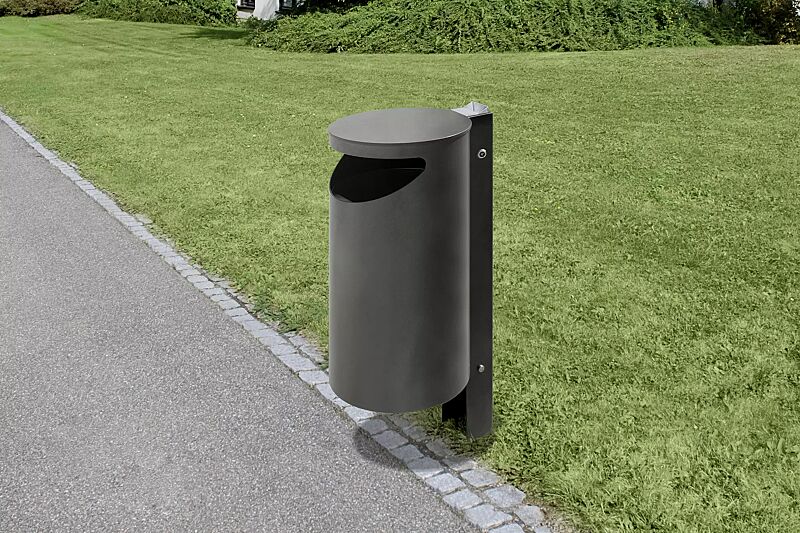 Abfallbehälter BURLINGTON aus Edelstahl, pulverbeschichtet in DB 703 eisenglimmer, mit Ascher