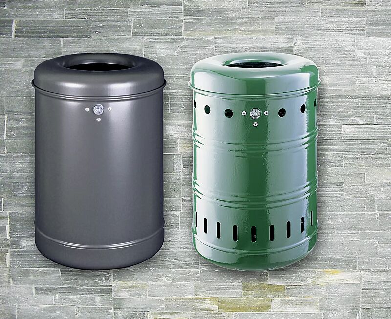 Abfallbehälter BURNABY, Vollblech, in RAL 7016 anthrazitgrau  Abfallbehälter BURNABY, mit Lochoptik, in RAL 6005 moosgrün