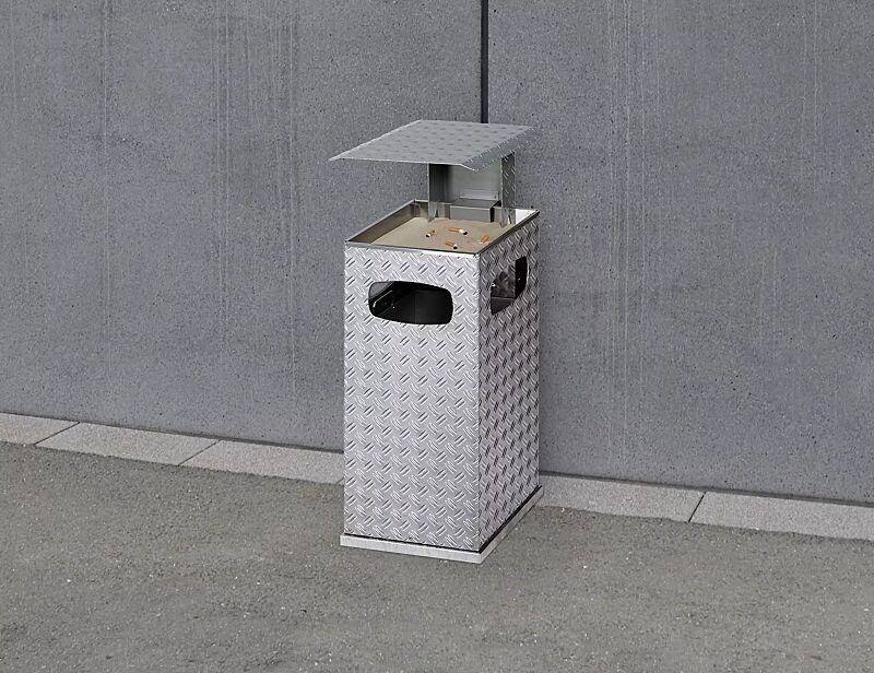 Abfallbehälter DUBLIN mit Ascher, Schutzdach in silber