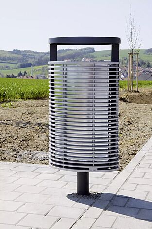 Abfallbehälter ECLIPE, Korpus: Aluminiumguss, mit Schutzdach und zentralem rundem Pfosten in RAL 7016 anthrazitgrau