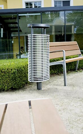 Abfallbehälter ECLIPE, Korpus: aus Aluminiumguss, mit Schutzdach und zentralem runden Pfosten in RAL 7016 anthrazitgrau