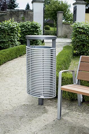 Abfallbehälter ECLIPE, Korpus: Aluminiumguss, mit Schutzdach und zentralem runden Pfosten in RAL 7016 anthrazitgrau