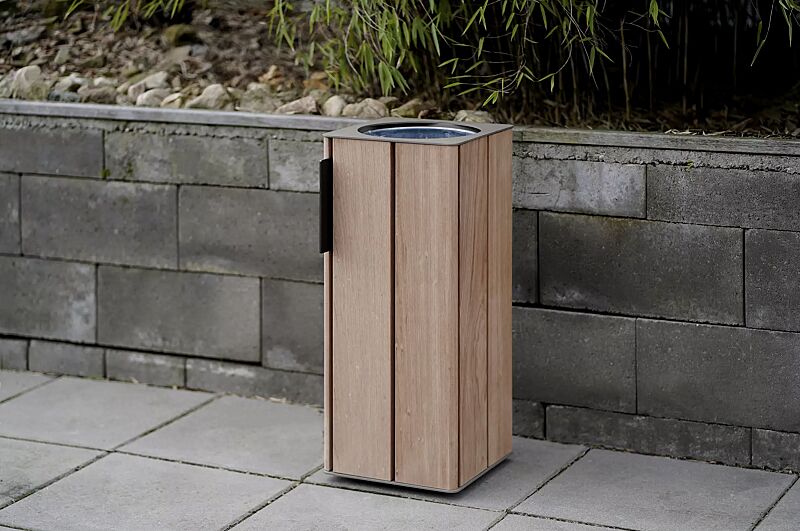 abfallbehaelter-eger__shoKAT0074101 Abfallbehälter EGER ohne Mülltrennung, Korpus: Eschenholzbelattung, zum Aufdübeln bei +/- 0 mm, Stahlteile in RAL 9007 graualuminium