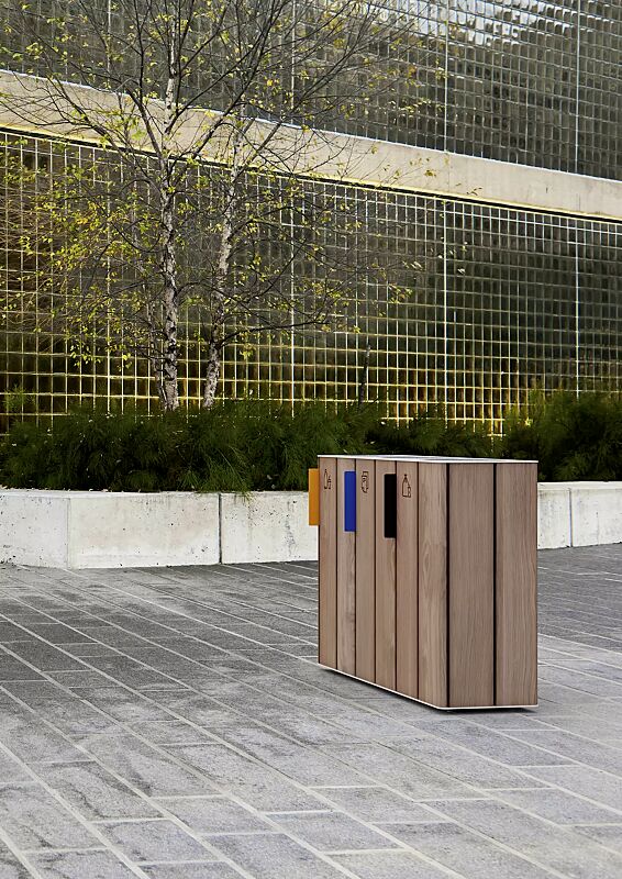 abfallbehaelter-eger__shoKAT0074105 Abfallbehälter EGER mit Mülltrennung, Korpus: Eschenholzbelattung, zum Aufdübeln bei +/- 0 mm, Stahlteile in RAL 9010 reinweiß
