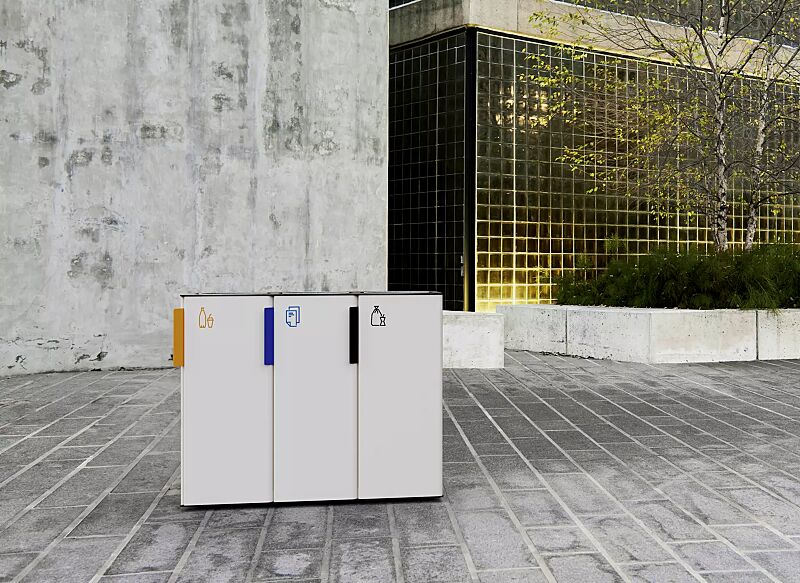 abfallbehaelter-eger__shoKAT0074106 Abfallbehälter EGER mit Mülltrennung, Korpus: Stahlblech, zum Aufdübeln bei +/- 0 mm, Stahlteile in RAL 9010 reinweiß und RAL 9005 tiefschwarz