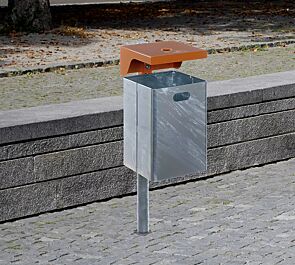 Abfallbehälter FORTE, 50 Liter, mit Ascher, feuerverzinkt, Schutzdach in RAL 2000 gelborange, mit Pfosten zum Einbetonieren (Zubehör)
