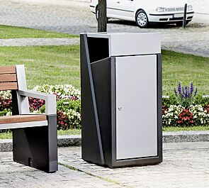 <div id=""container"" class=""container"">Abfallbehälter INTAL mit Ascher, Schutzdach und Tür in RAL 9007 graualuminium, Beton beschichtet in graphit, sowie Sitzbank INTAL</div>