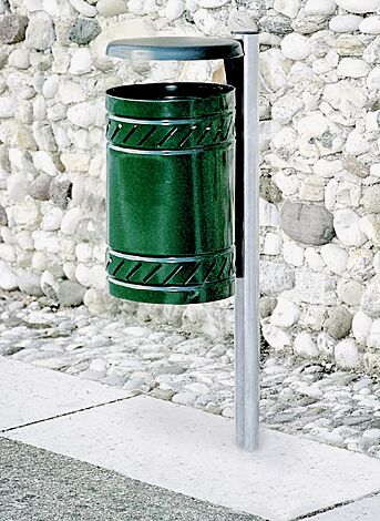 Abfallbehälter MAGGIOLINO mit Schutzdach, Behälter und Schutzdach in RAL 6005 moosgrün, feuerverzinkter Pfosten zum Einbetonieren