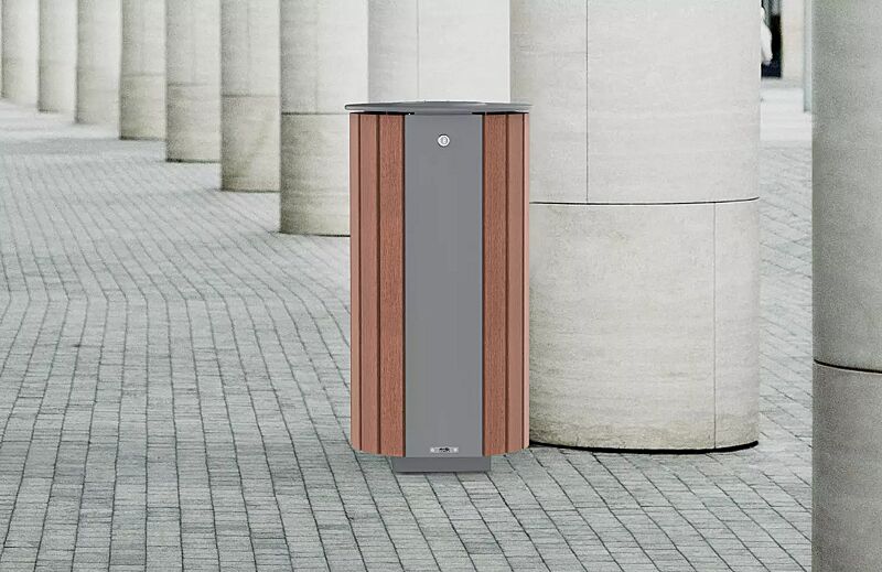 Abfallbehälter MIANE mit Ascher, mit Hartholzbelattung, Stahlteile in RAL 9007 graualuminium