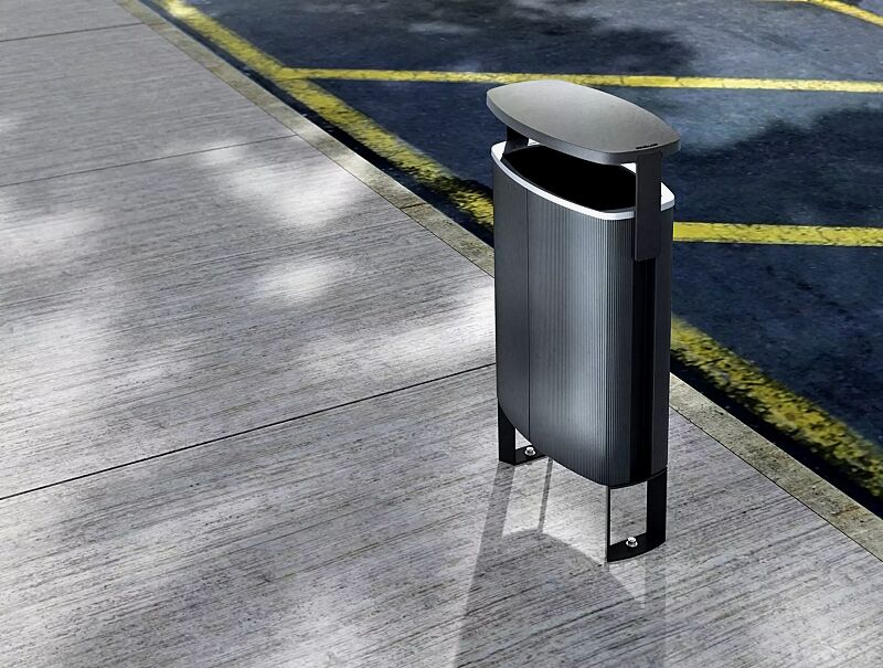 abfallbehaelter-minium__shoKAT0043442 Abfalbehälter MINIUM mit Schutzdach, mit seitlichen Pfosten zum Aufdübeln, Korpus in Sonderfarbe (auf Anfrage), Stahlteile in RAL 9005 tiefschwarz