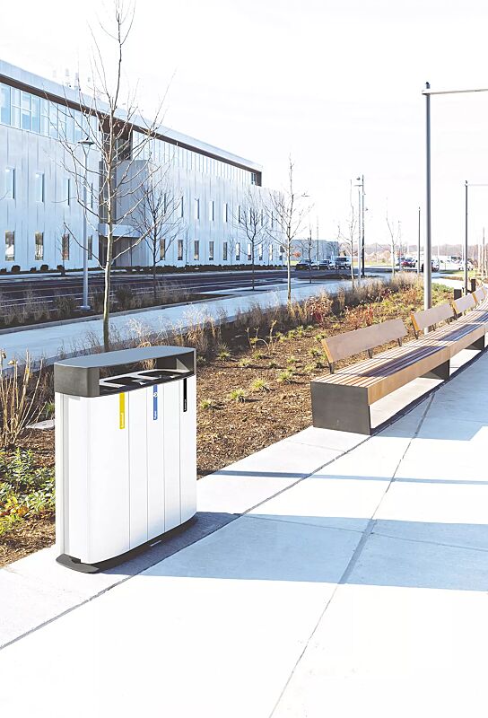 abfallbehaelter-multiminium__shoKAT0068758 Abfallbehälter MULTIMINIUM, Korpus: Aluminiumprofile in RAL 7035 lichtgrau, Stahlteile und Aluminium-Schutzdach in RAL 7016 anthrazitgrau